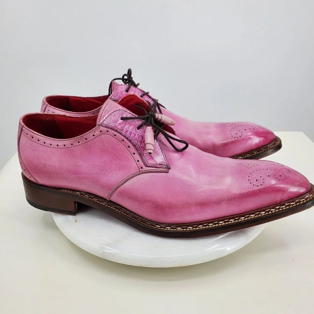 Fennix Italy Tyler Pink Alligator Calfskin Leather Lace-Up‎ Derby Dress Shoes 47